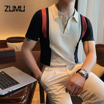 High-end t-shirt mens short-sleeved summer mens ice silk half-sleeve POLO shirt Light cooked wind contrast color British trend Paul shirt