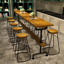 Industrial style retro water pipe Wrought iron solid wood bar table and chair Household long milk tea shop Western restaurant bar high-legged table