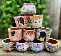 Jingdezhen Korean dan carving hand-painted cartoon cute multi-meat straw Queen breathable absorbent flower pot mouth 6-8