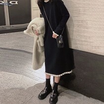 With coat sweater skirt children autumn and winter French retro Hepburn style inner temperament over knee knitted bottom dress