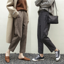 Winter women Korean retro plaid woolen Haren pants loose thin small feet nine carrot pants casual lazy trousers