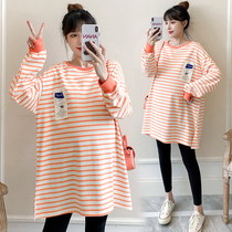 Pregnancy Woman Dress Spring Clothing Suit Clothing Fashion Striped T-shirt Spring Autumn Money Loose Big Code Mid-Length Blouses Dress Dress