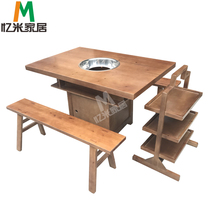 All solid wood pine plank desktop liquefied gas gas stove induction cooker hot pot table and chair combination table square table customized