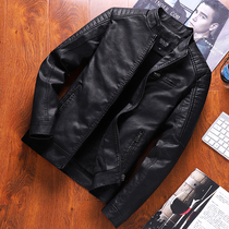 Leather mens Korean slim fashion leather jacket Autumn and winter velvet mens leather jacket stand-up collar motorcycle suit youth