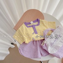Girls 2021 summer new childrens clothing children Korean yellow plaid T-shirt baby Foreign style purple pants shorts