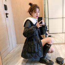 Small grain waist black 90 white duck down jacket female winter small man 2021 new long coat