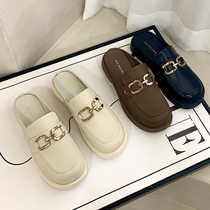 Design fashion metal buckle Baotou half slippers women wear lazy one pedal thick bottom retro heel sandals soft