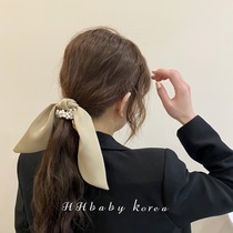 Korean retro temperament solid color satin bow ribbon Hairband French gentle fairy Pearl head rope