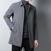 Mens jacket spring and autumn business leisure solid color long windbreaker mens simple lapel collar Joker thin coat tide