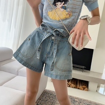 (Earth shop)light blue bow lace-up high waist wide leg loose A word denim shorts womens summer thin section