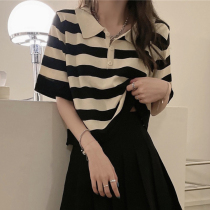 polo collar black and white striped short-sleeved t-shirt womens summer 2021 new summer loose cotton top design sense niche