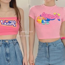 Pink letter T-shirt female girlfriends new short open umbilical slim slim summer short sleeve tight top ins tide