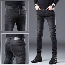 Hong Kong 2021 autumn black jeans men slim feet plus velvet padded stretch casual trousers men spring and autumn