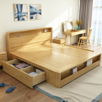 Nordic full solid wood bed modern simple drawer high Box storage strong hard board bedside storage double bed with Bookshelf