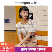 Three gun women short sleeve T-shirt 2021 summer new round neck classic stripes Xinjiang cotton breathable short sleeve