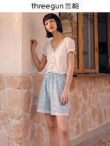 Three Gun Sleeping Pants Woman Xinjiang Pure Cotton 2021 Fall New Pine Chick Lace Lace High Waisted Lady Home Shorts