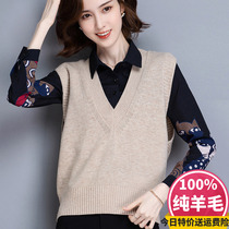Spring and Autumn New 100 Pure Wool Vest Womens Vest Korean version of loose short chicken heart V neck wear sleeveless sweater