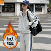 Loose slim casual sportswear suit women spring autumn and winter plus velvet thickened students Korean Fashion Net red two-piece set