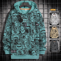 Casual hooded sweater men 2021 Tide brand new ruffie coat spring and autumn harbor wind loose print wild coat