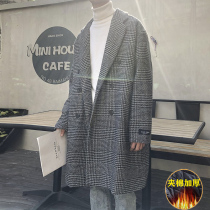 Thousand bird grid trench coat men long autumn Korean version of the trend handsome large size loose casual knee coat coat men
