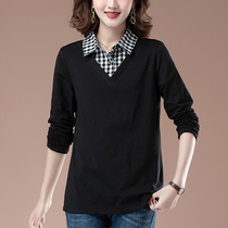 Fake two-piece coat female 2021 autumn new size middle-aged mother T-shirt long sleeve cotton foreign collared shirt