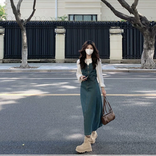 Джинсовые подтяжки, платье, ретро комплект, осенние, популярно в интернете, подходит для подростков