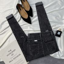 Smoke gray hole jeans womens summer thin section 2021 new high waist slim slim stretch small pants tide