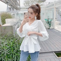Sleeve v early autumn waist watch out for bubble shirt small clothes new products receive three-point shirt machine lace-up 2021 womens sleeves foreign style