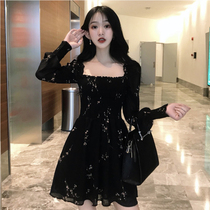 Goblin small black early autumn women's streaming net red sweet square collar long sleeve new women's early autumn and winter size