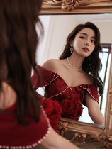 One-shoulder toast dress bride 2021 new wedding female summer wine red thank-you banquet dress engagement dress