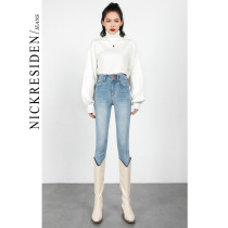 Light blue high-waisted jeans womens skinny feet ankle-length pants 2021 new high-skinny pencil pants