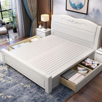White solid wood bed Modern simple double bed 1 8 meters light luxury master bed Wedding bed Economical high box storage bed