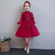 Girls birthday princess dress puffy gauze childrens red evening dress flower girl wedding girl piano performance autumn