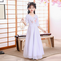 Fairy childrens dance choir performance costume Chinese style embroidered long skirt chiffon guzheng Pipa Playing suit