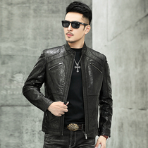  Leather leather mens short imported retro old calfskin oil wax leather stand-up collar slim leather jacket motorcycle jacket