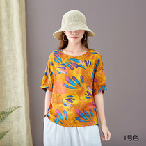 Cotton and linen t-shirt womens 2021 new summer literature and art retro ethnic style loose short-sleeved mom thin printed top