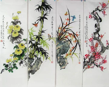 梅兰竹菊四条屏纯手绘画芯-梅兰竹菊四条屏纯手绘画芯促销价格、梅兰竹