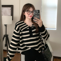 Large size womens clothing fat sister mm autumn new Korean loose lazy style retro navy collar striped knitted sweater
