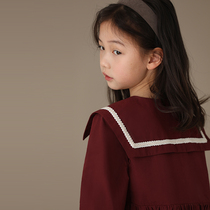 Hateeth Boy Clothing Summer New Pint Girl Childs Navy Collar Pure Cotton Pro-Skin Lace Long Sleeve Dress With Dress A dress