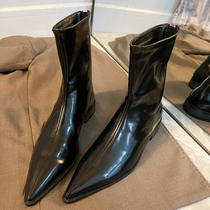 Black Conspiculean Pointy Flat Bottom Short Boots Woman Spring Autumn Single Boots 2021 New Lacquer Leather Boots Children Low Skinny Skinny Boots