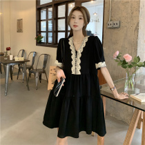 Pregnant women summer design sense small black dress 2021 summer new loose thin lace V-neck dress tide