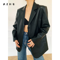 Ajuzhu Black Suit Leather 2021 New Women Spring and Autumn Fashion Leather Jacket Loose Locomotive Jacket