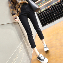  Black jeans womens summer new retro high waist casual straight cropped pants elastic tight skinny cropped pants
