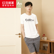 Red bean cotton short-sleeved mens pajamas print loose casual can wear pullover set thin home clothes summer