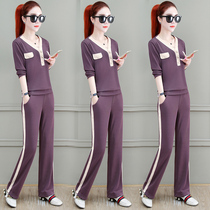 Sports Casual Suit Lady 2022 Spring Autumn Season New Foreign Air Display Slim Korean Version Fashion Broadlegged Pants Two Sets Tide