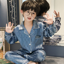Childrens pajamas boys summer long-sleeved trousers Ice Silk thin spring and autumn boys middle and big children Silk Home suit suit