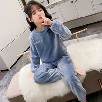 Childrens warm pants set Girls spring coat boys home clothes warm pants plus velvet padded coral velvet pajamas