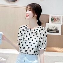 Polo spot short sleeve chiffon shirt womens summer new fashion foreign style lotus collar shirt loose thin light cooked top