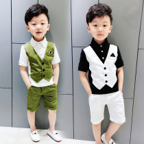 Boy suit suit suit 2021 new summer short sleeve boy handsome children British wind flower dress costume