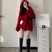 Red mink velvet sweater women 2022 new explosions loose lazy wind hooded base thickened Christmas women's clothing